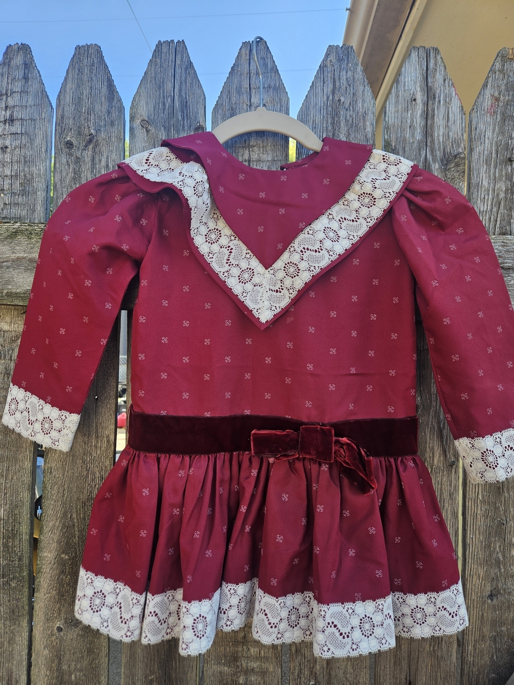 Handmade Vintage Red Floral Dress Girls 2T Holiday Lace Victorian Velvet Collar